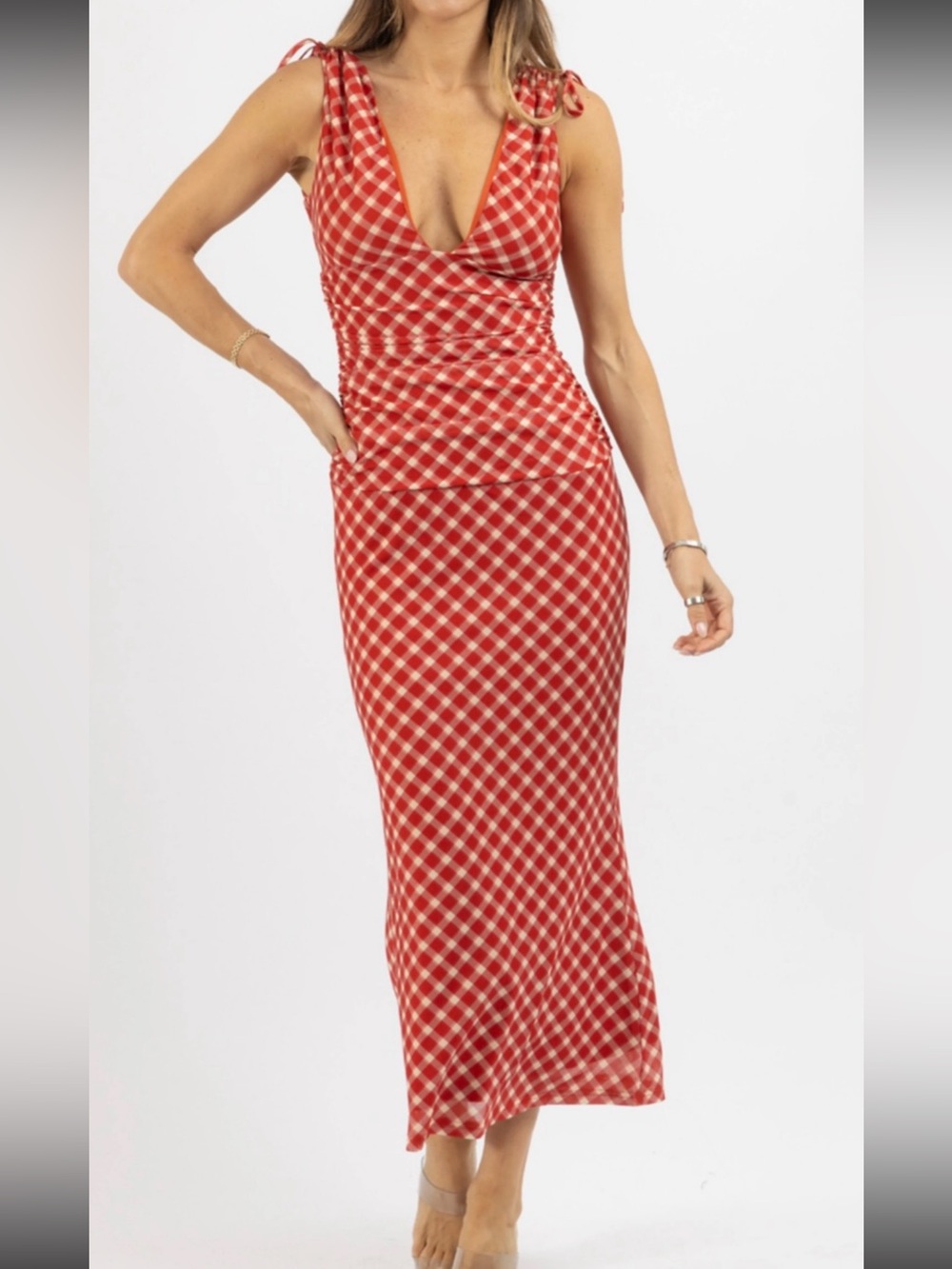 Red Gingham Bias Midi dress - Women's
